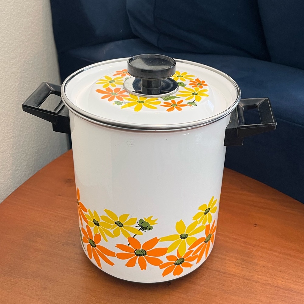 Mid Mod Ekco Country Garden Porcelain Clad Stockpot/Steamer